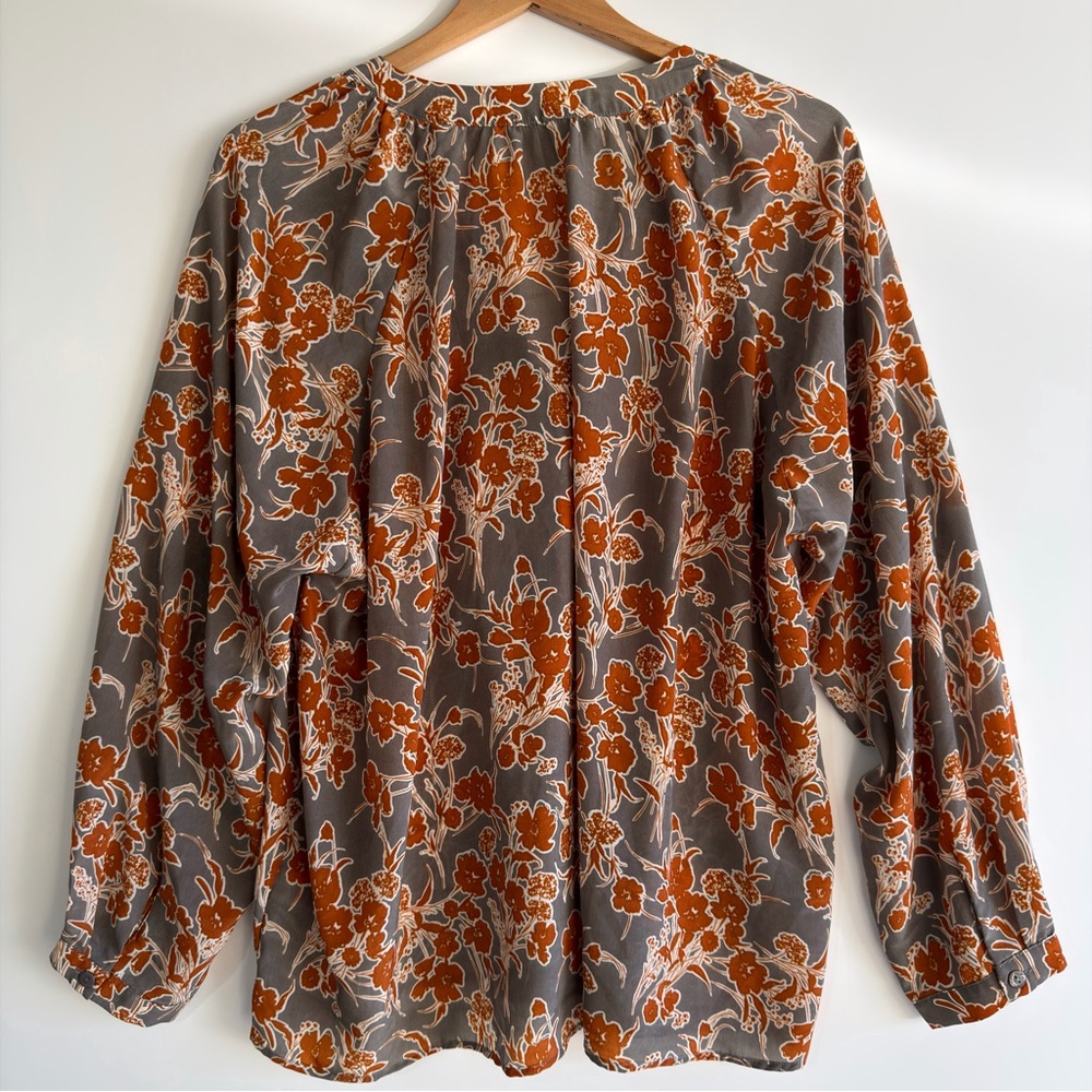 Bishop + Young Floral V-Neck Blouse Rust Gray Orange XL Long Sleeve Top - Picture 9 of 9